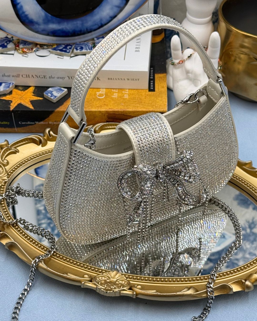 SELF-PORTRAIT crescent bow bag with detachable chain shoulder strap