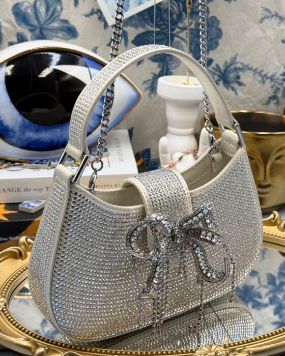 SELF-PORTRAIT Micro Crystal-Embellished Crescent Bow Bag in Champagne