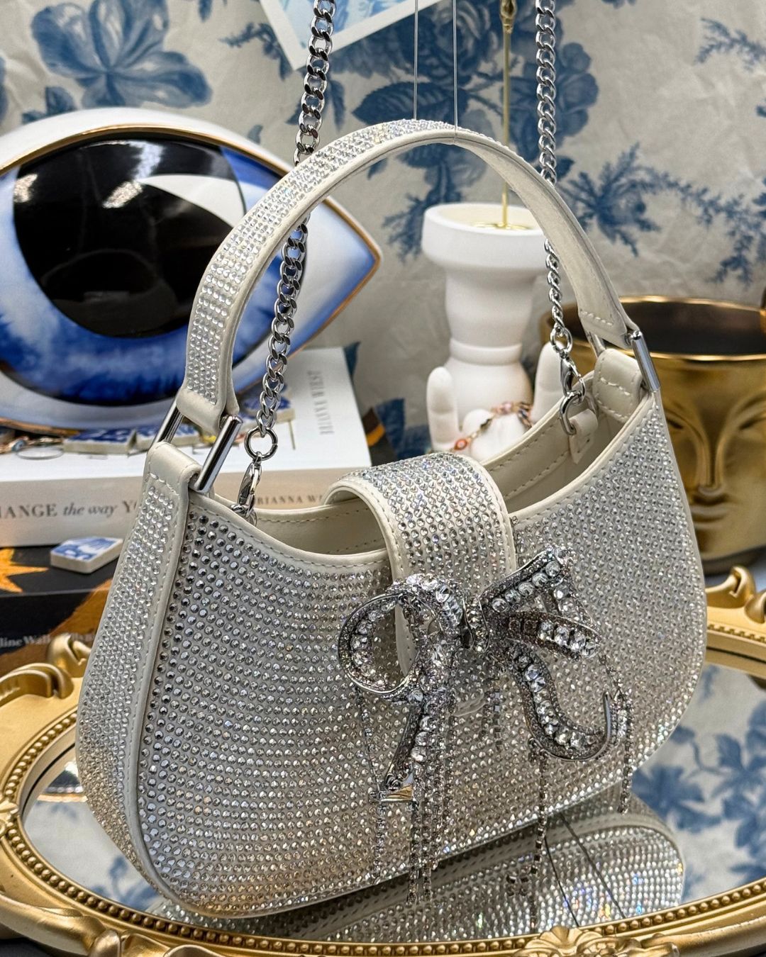 SELF-PORTRAIT Micro Crystal-Embellished Crescent Bow Bag in Champagne
