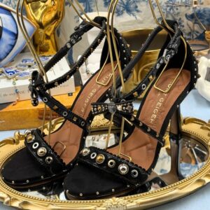 Bow, faux pearl, stud and eyelet details on KURT GEIGER LONDON black suede sandal