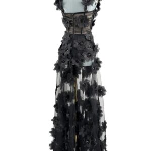 BRONX AND BANCO Rosalie Floral-Appliqué Tulle Gown in Noir, back view