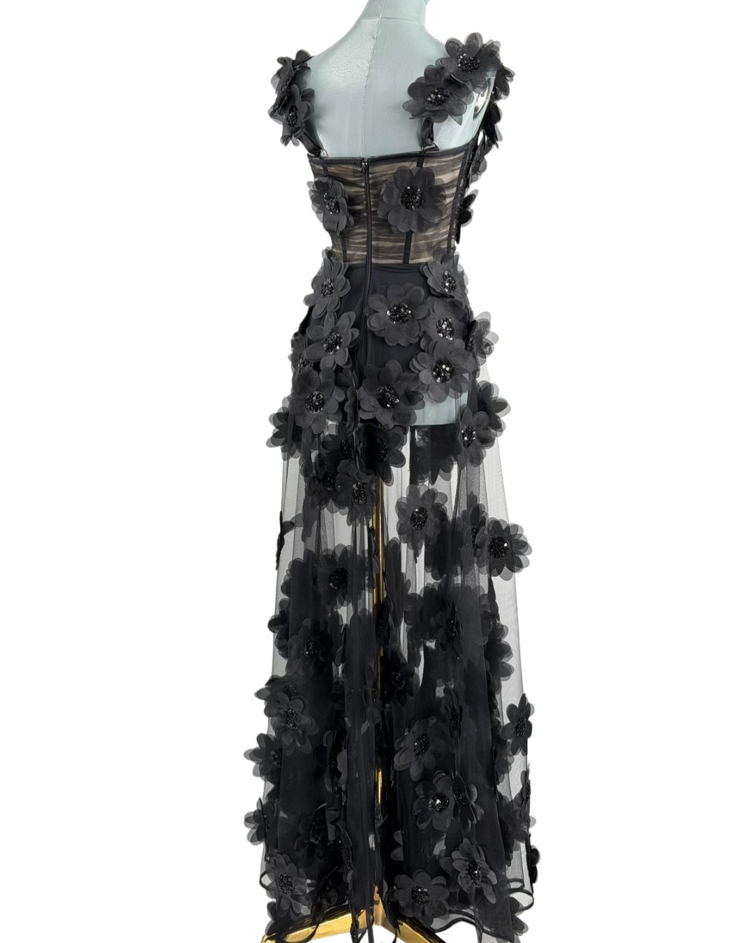 BRONX AND BANCO Rosalie Floral-Appliqué Tulle Gown in Noir, back view
