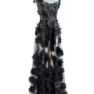 BRONX AND BANCO Rosalie Floral-Appliqué Tulle Gown in Noir, front
