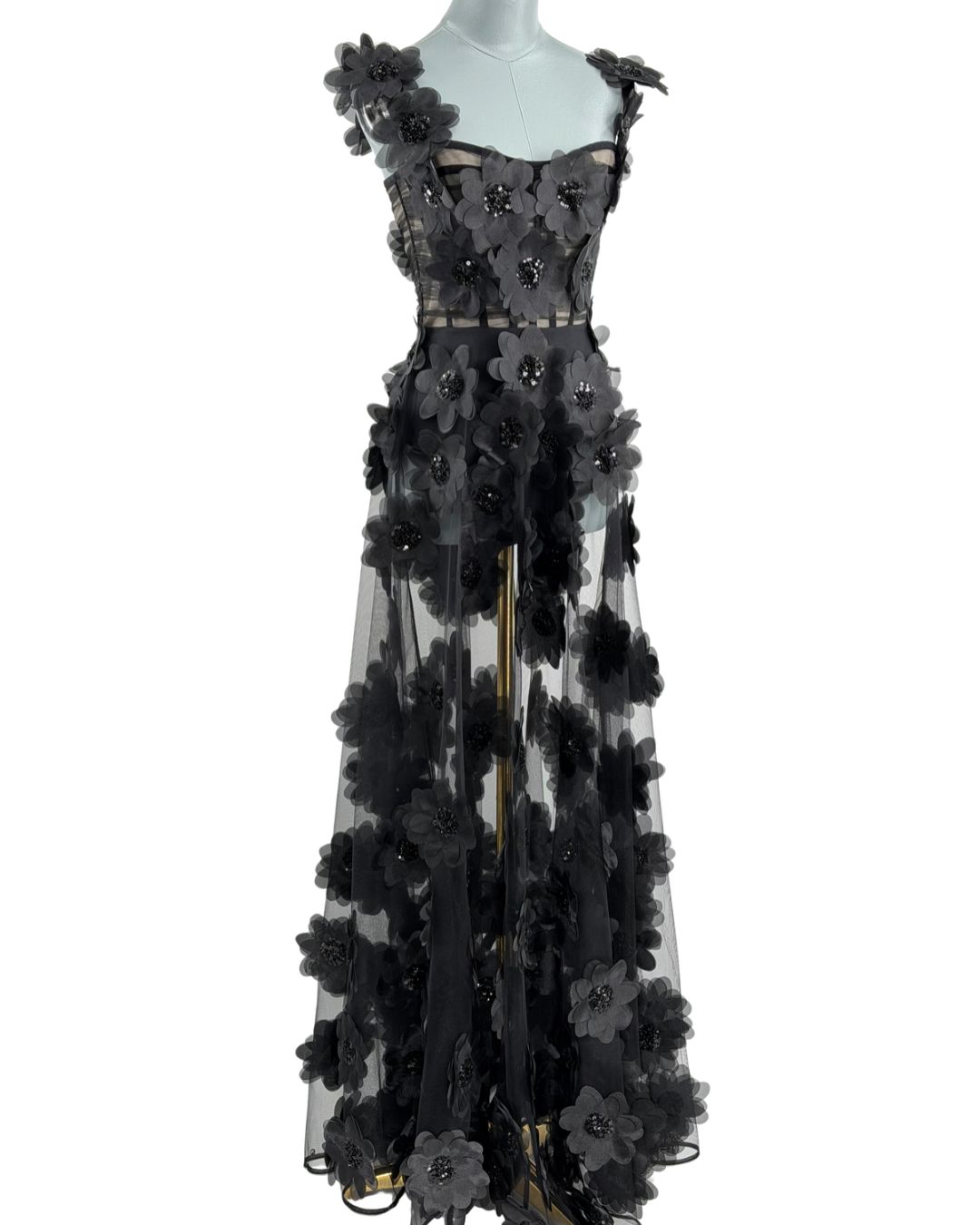 BRONX AND BANCO Rosalie Floral-Appliqué Tulle Gown in Noir, front