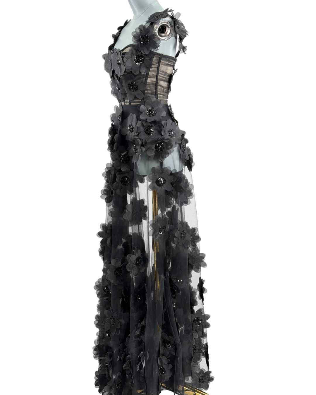 BRONX AND BANCO Rosalie Floral-Appliqué Tulle Gown in Noir, side view