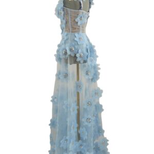 BRONX AND BANCO Rosalie Floral-Appliqué Tulle Gown in Powder Blue, Angled Back View