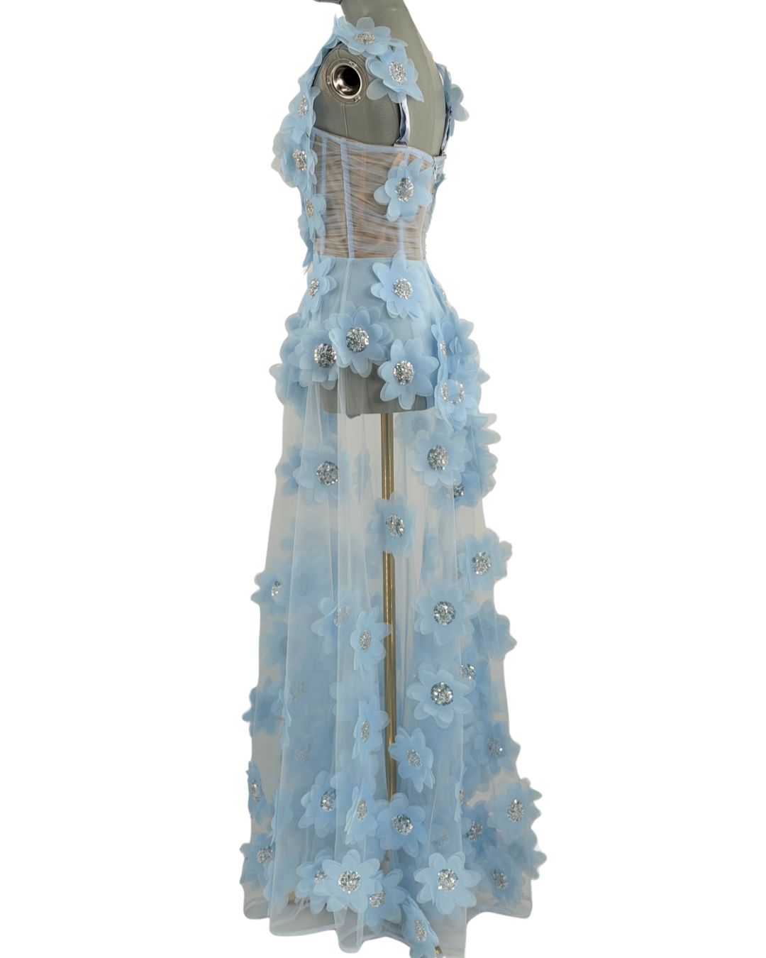 BRONX AND BANCO Rosalie Floral-Appliqué Tulle Gown in Powder Blue, Angled Back View