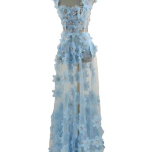 BRONX AND BANCO Rosalie Floral-Appliqué Tulle Gown in Powder Blue, front view
