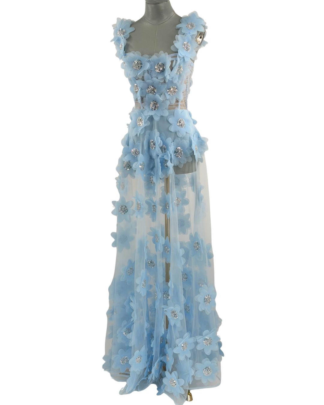 BRONX AND BANCO Rosalie Floral-Appliqué Tulle Gown in Powder Blue, front view