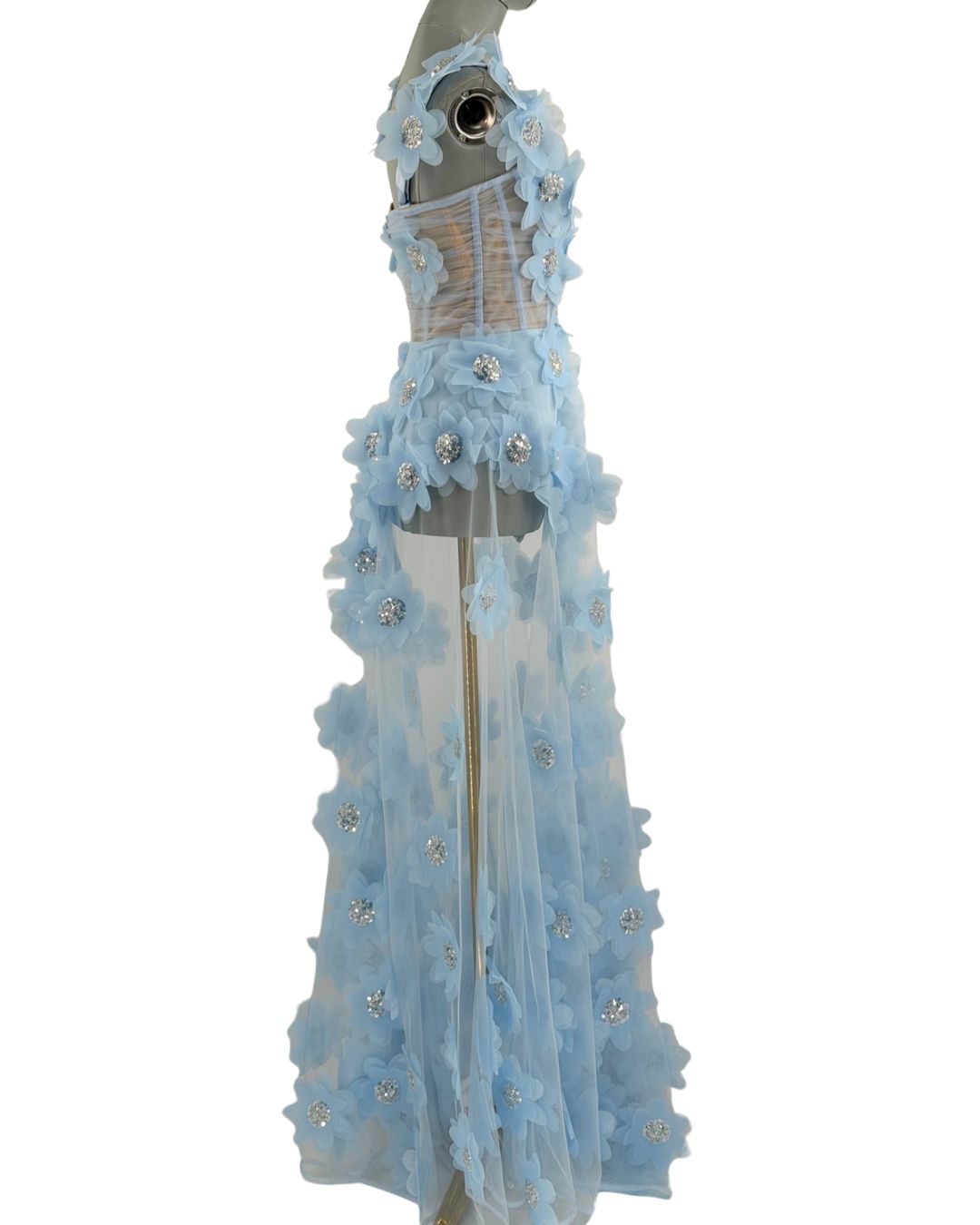 BRONX AND BANCO Rosalie Floral-Appliqué Tulle Gown in Powder Blue, side view