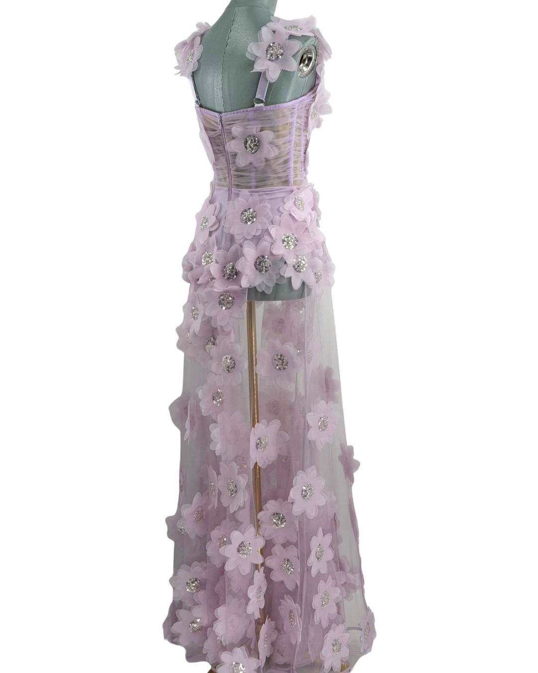BRONX AND BANCO Rosalie Floral-Appliqué Tulle Gown in Lavender, Back View
