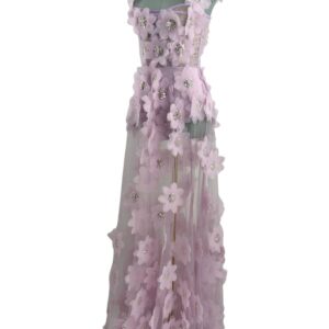 BRONX AND BANCO Rosalie Floral-Appliqué Tulle Gown in Lavender, front view