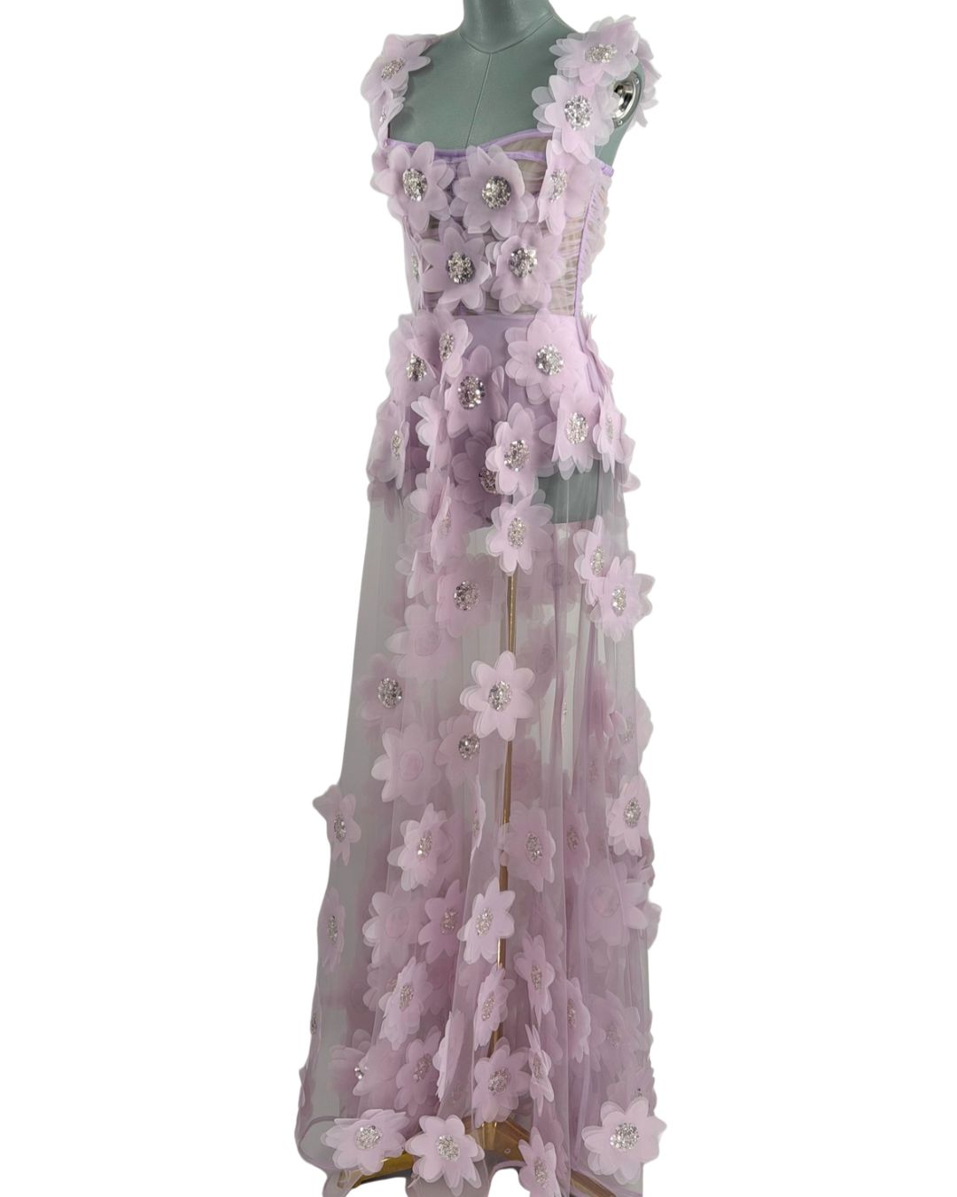 BRONX AND BANCO Rosalie Floral-Appliqué Tulle Gown in Lavender, front view
