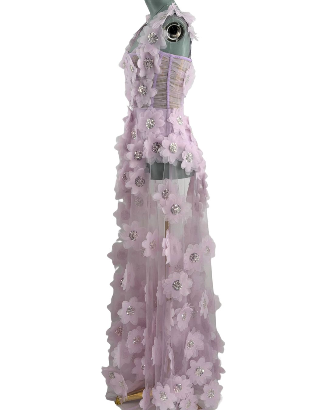 BRONX AND BANCO Rosalie Floral-Appliqué Tulle Gown in Lavender, Side View