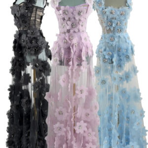 BRONX AND BANCO Rosalie Floral-Appliqué Tulle Gowns in Noir, Lavender and Powder Blue