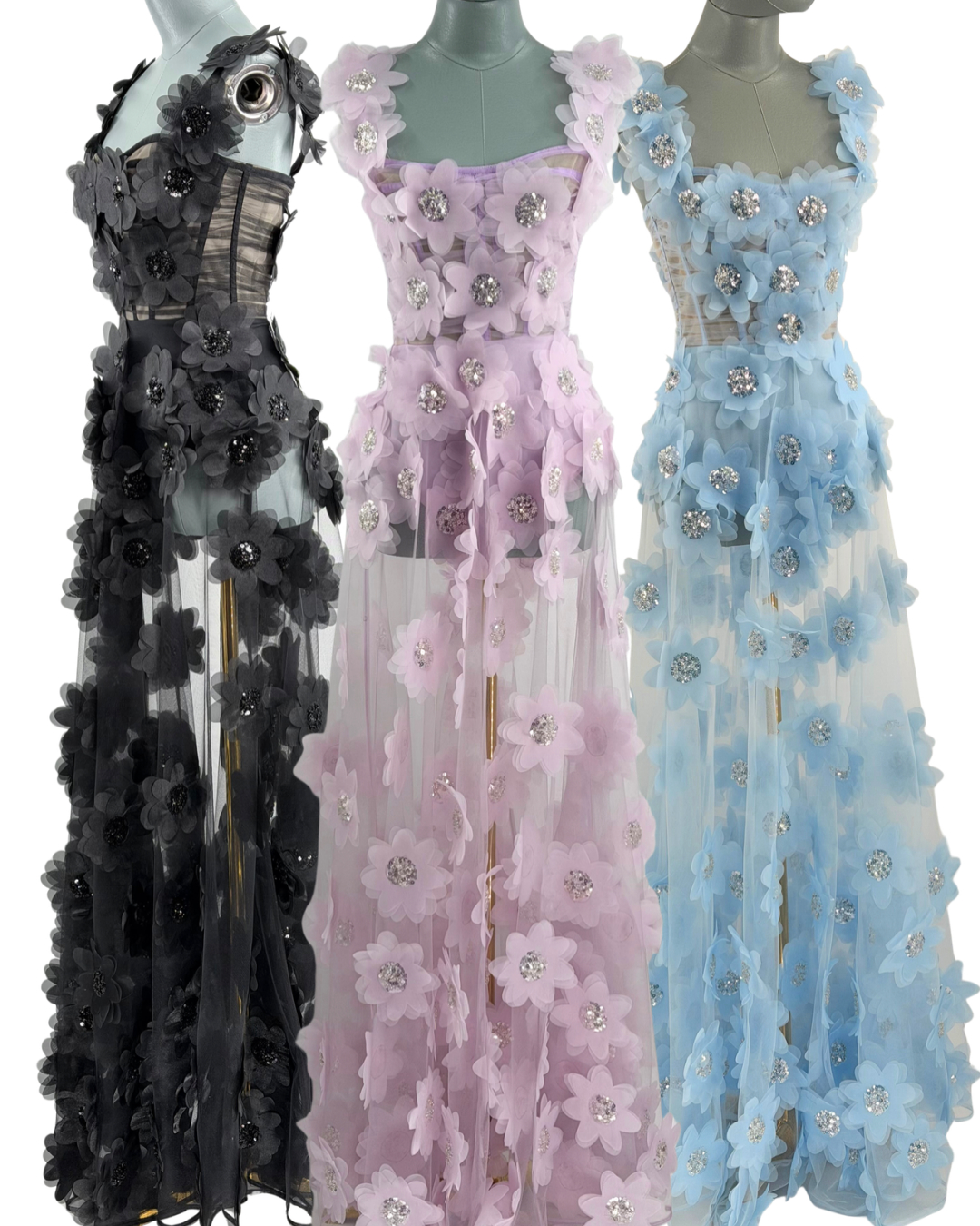 BRONX AND BANCO Rosalie Floral-Appliqué Tulle Gowns in Noir, Lavender and Powder Blue