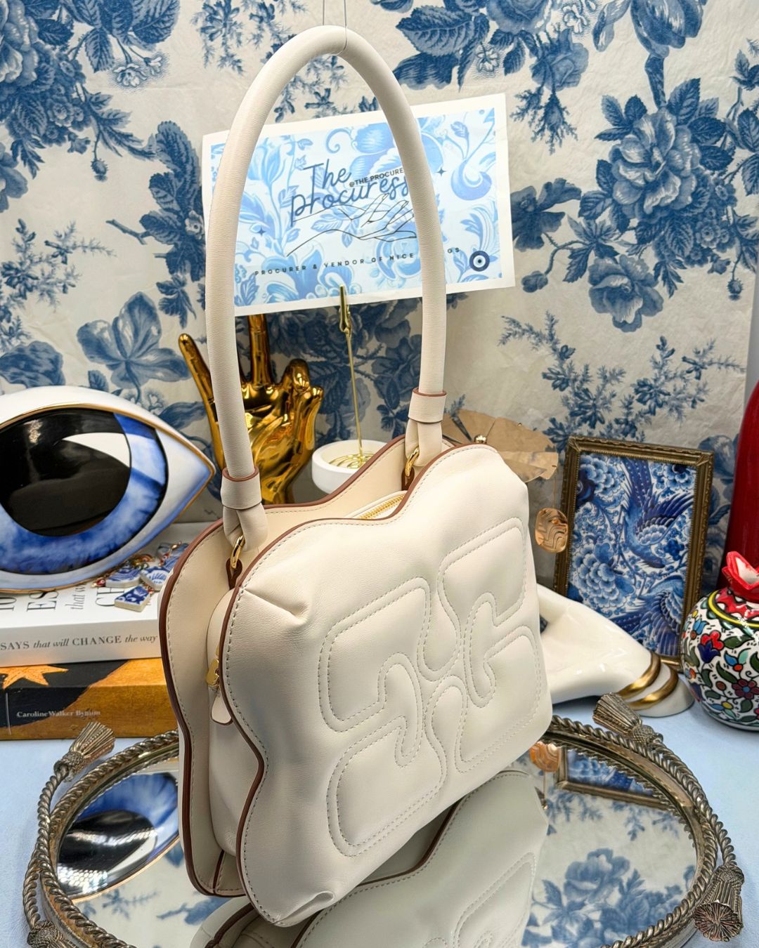 GANNI Butterfly Shoulder Bag in Off White, Side view