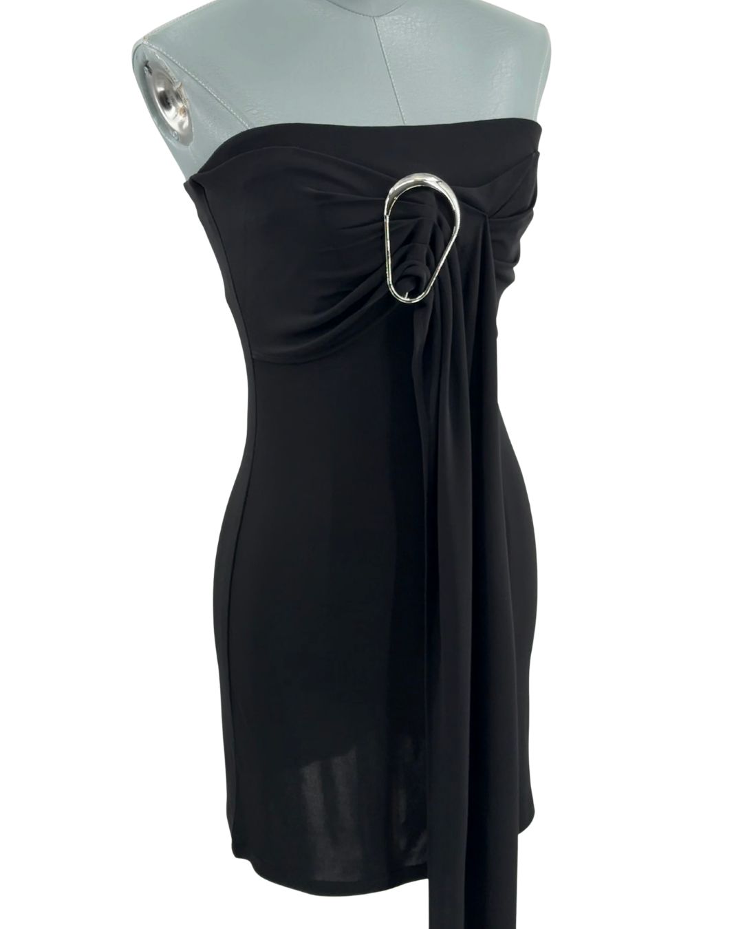 Angled view of RAT & BOA Selma strapless mini dress in black