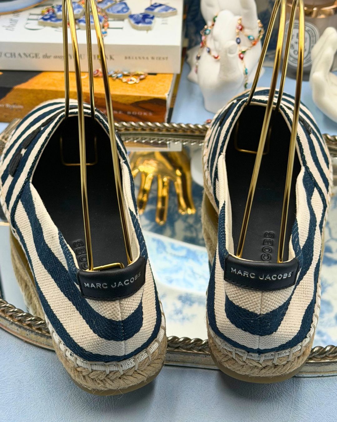 Back view of MARC JACOBS Stripe Canvas Espadrilles with braided jute sole