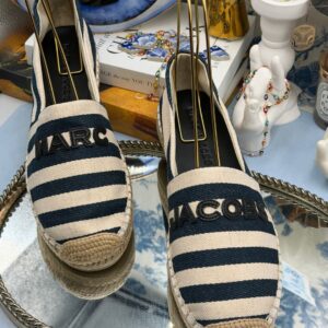Front view of MARC JACOBS blue and ivory striped canvas espadrilles