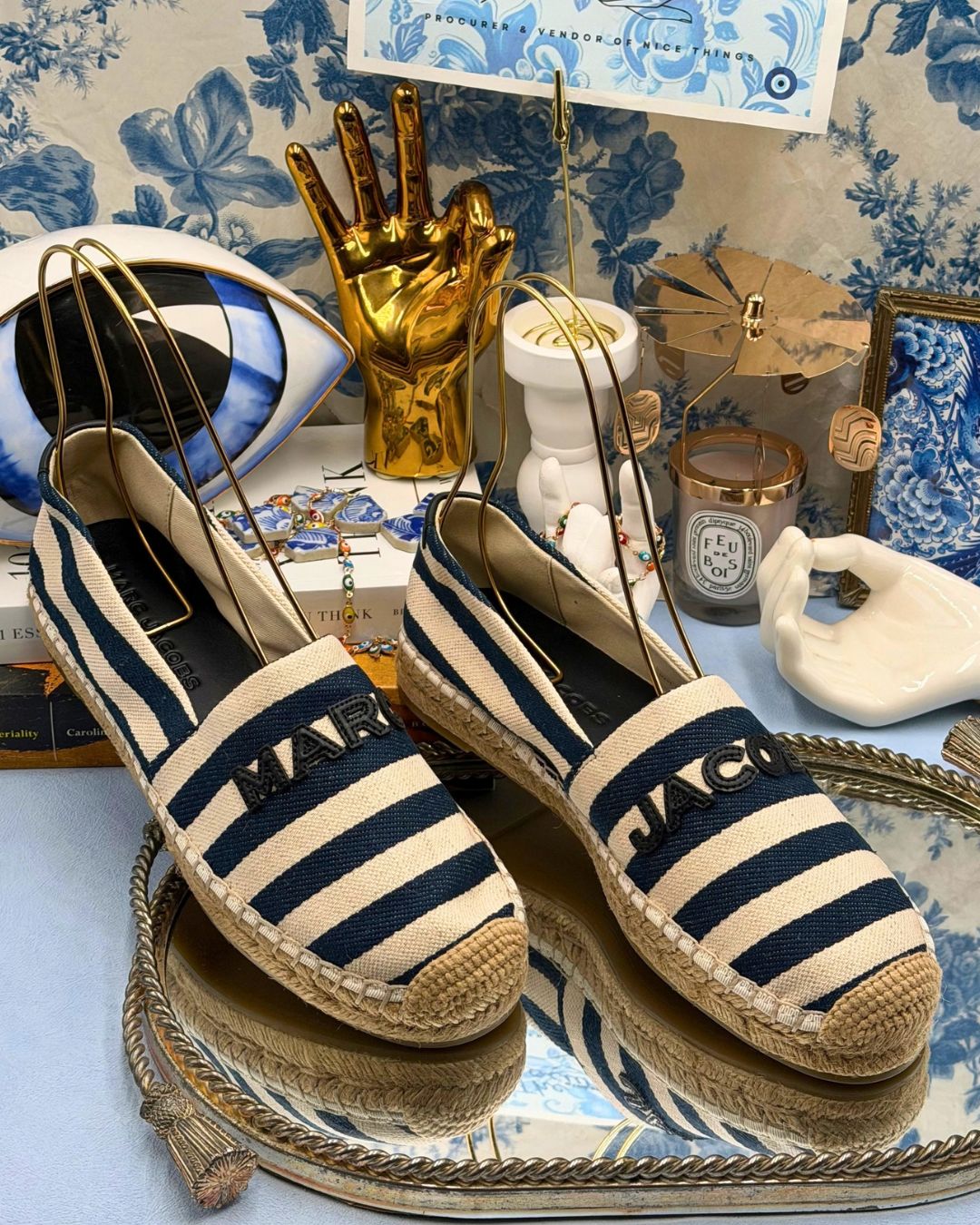 MARC JACOBS Stripe Canvas Espadrilles in blue and ivory