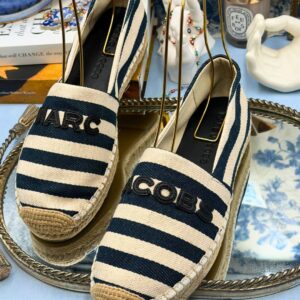 Side view of MARC JACOBS Stripe Canvas Espadrilles with braided jute sole