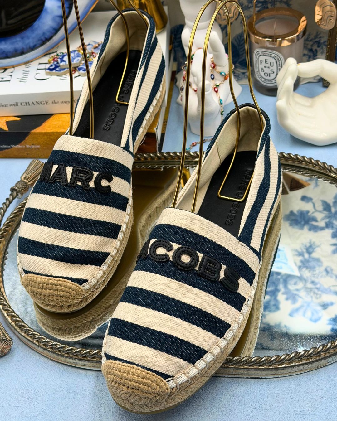 Side view of MARC JACOBS Stripe Canvas Espadrilles with braided jute sole