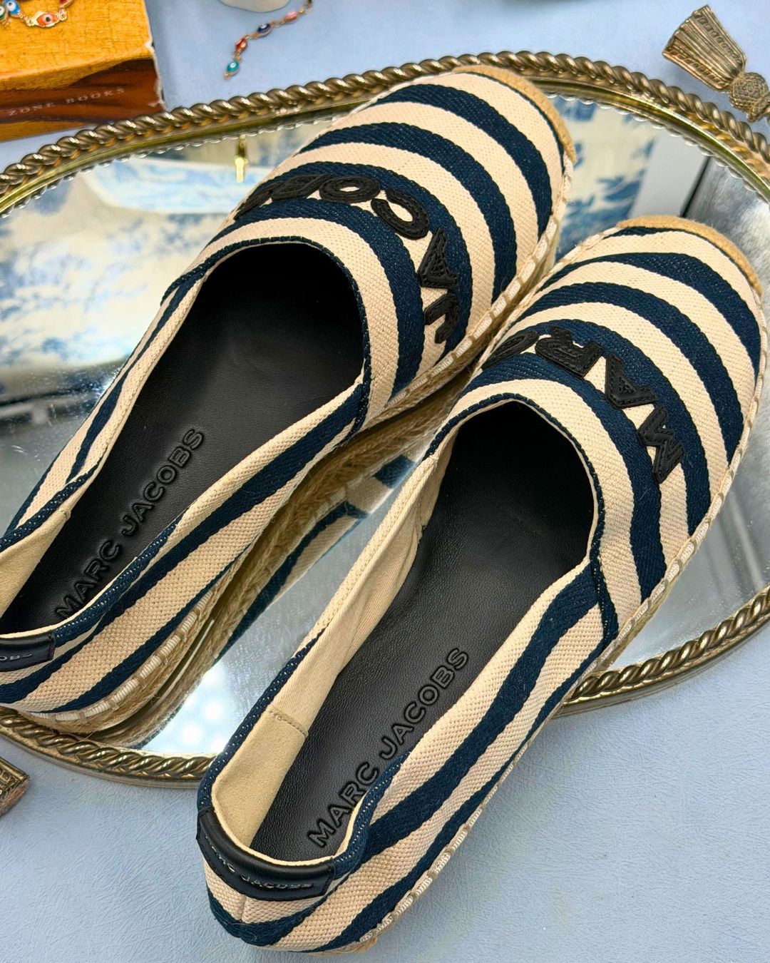 Top view of MARC JACOBS Stripe Canvas Espadrilles with braided jute sole