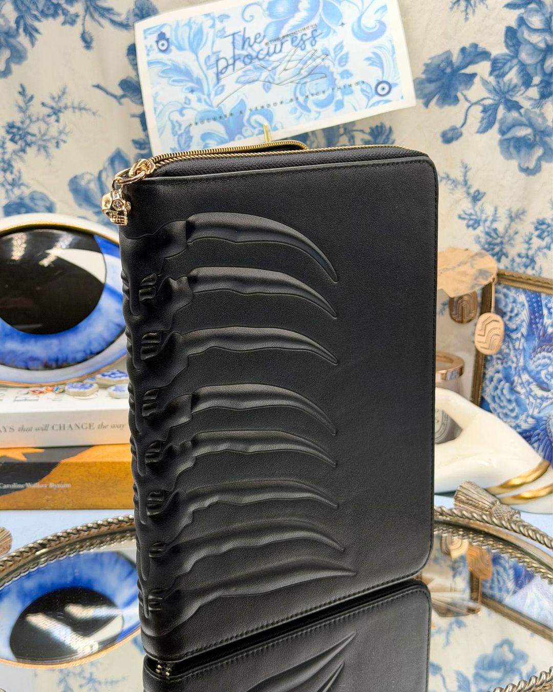 ALEXANDER McQUEEN Ribcage embossed black leather portfolio with gold-tone hardware