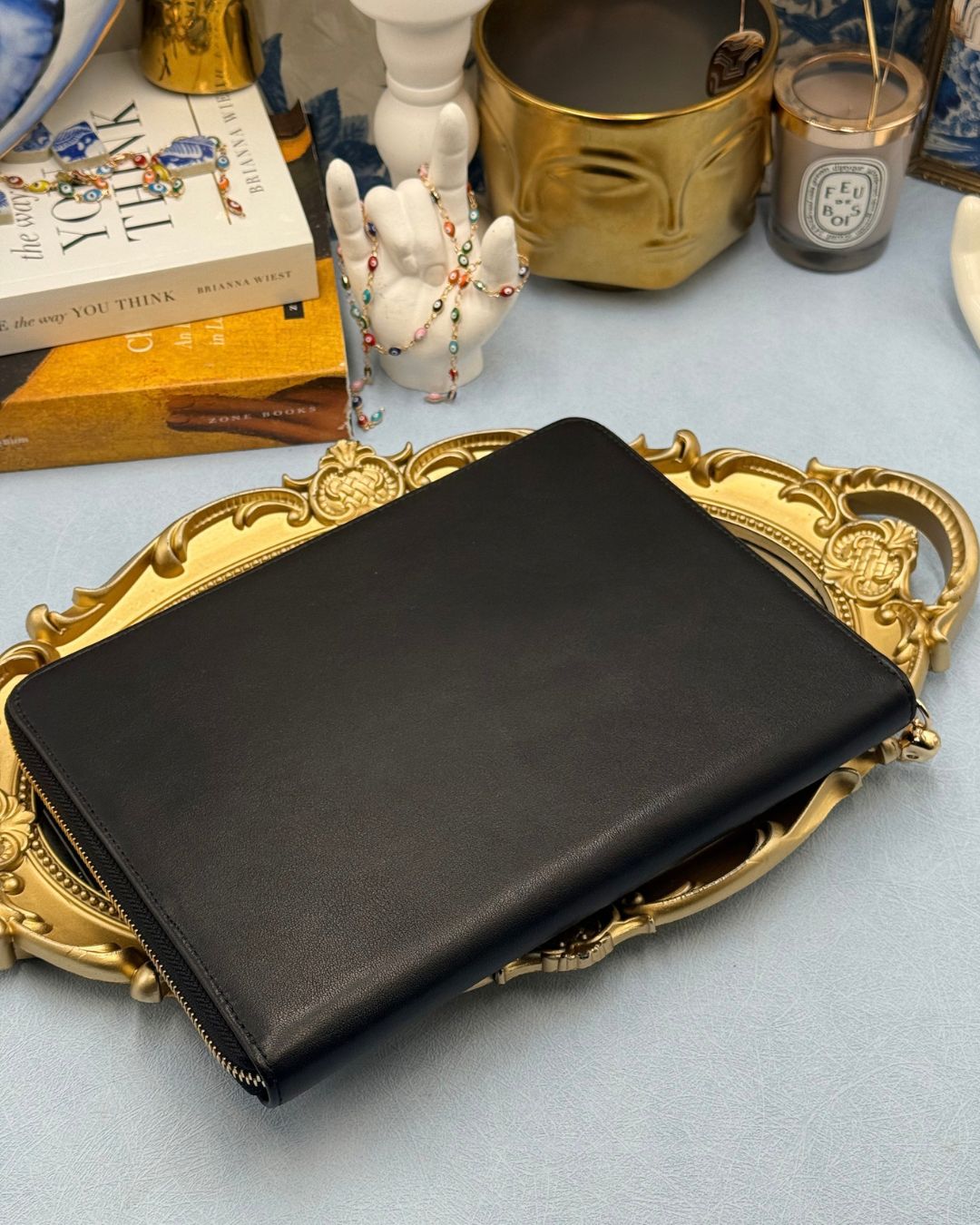 ALEXANDER McQUEEN Skull embossed black leather portfolio with gold-tone hardware, back view