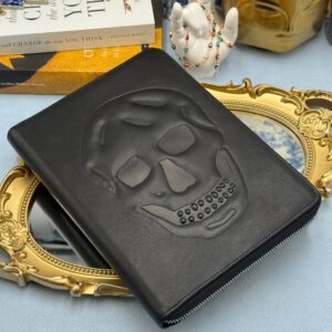 ALEXANDER McQUEEN Skull embossed black leather portfolio with silver-tone hardware
