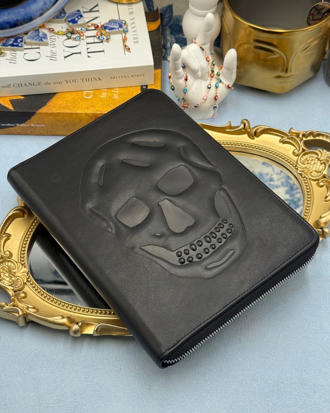 ALEXANDER McQUEEN Skull embossed black leather portfolio with silver-tone hardware
