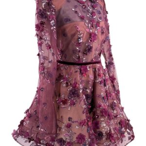 Angled view of BRONX AND BANCO Talulah Long Sleeve Mini Dress in Burgundy