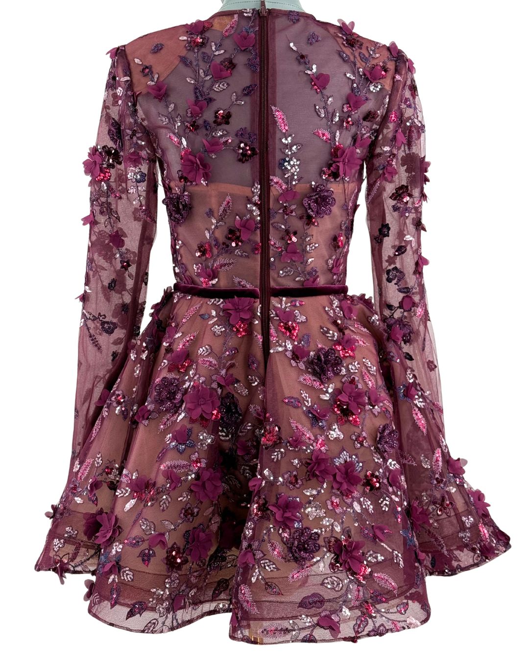 Back view of BRONX AND BANCO Talulah Long Sleeve Mini Dress in Burgundy