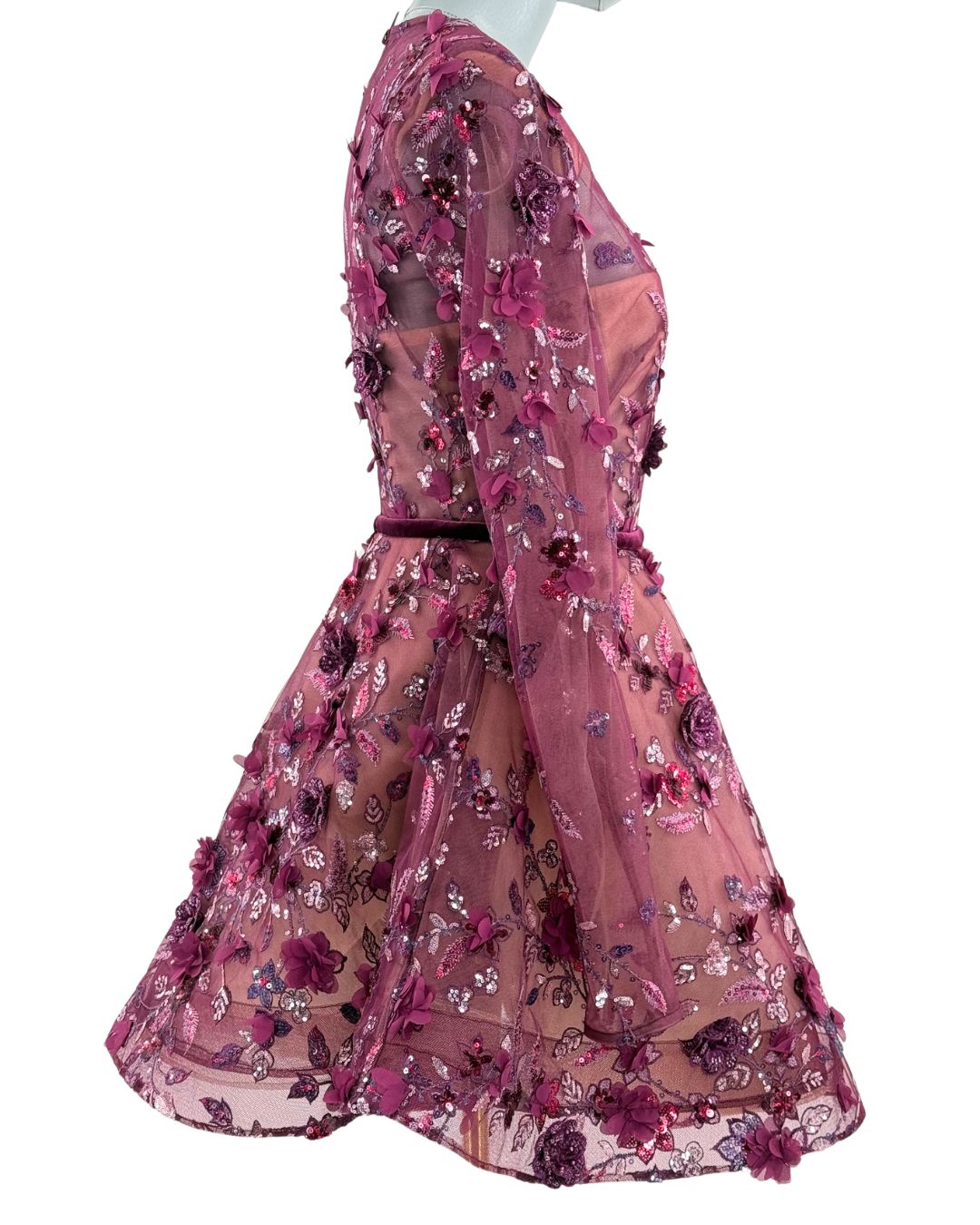 Side view of BRONX AND BANCO Talulah Long Sleeve Mini Dress in Burgundy