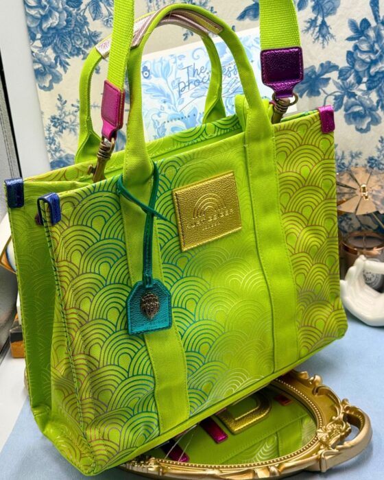 KURT GEIGER LONDON Southbank Tote Bag in lime canvas with rainbow print