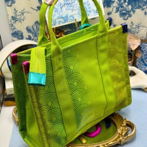 Back view of KURT GEIGER LONDON Southbank Tote Bag in lime canvas with rainbow print