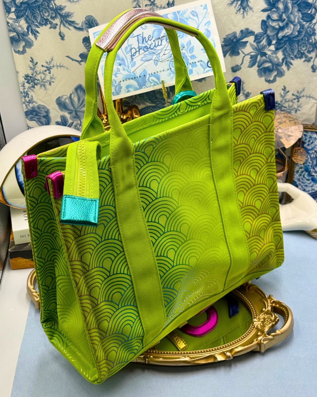Back view of KURT GEIGER LONDON Southbank Tote Bag in lime canvas with rainbow print