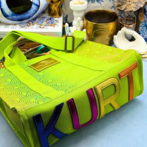 Base of KURT GEIGER LONDON Southbank Tote Bag in lime canvas with rainbow print