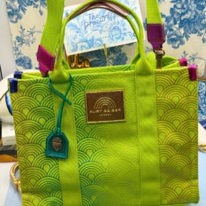Front view of KURT GEIGER LONDON Southbank Tote Bag in lime canvas with rainbow print