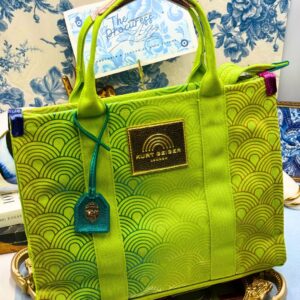 Top Handle of KURT GEIGER LONDON Southbank Tote Bag in lime canvas with rainbow print