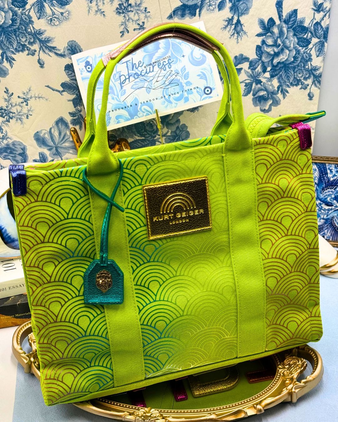 Top Handle of KURT GEIGER LONDON Southbank Tote Bag in lime canvas with rainbow print