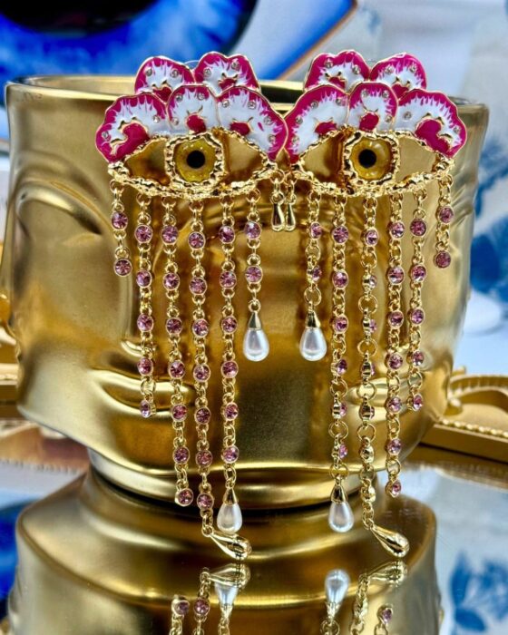 SCHIAPARELLI Museum Collection Pink Pansy Earrings, Eye Detail