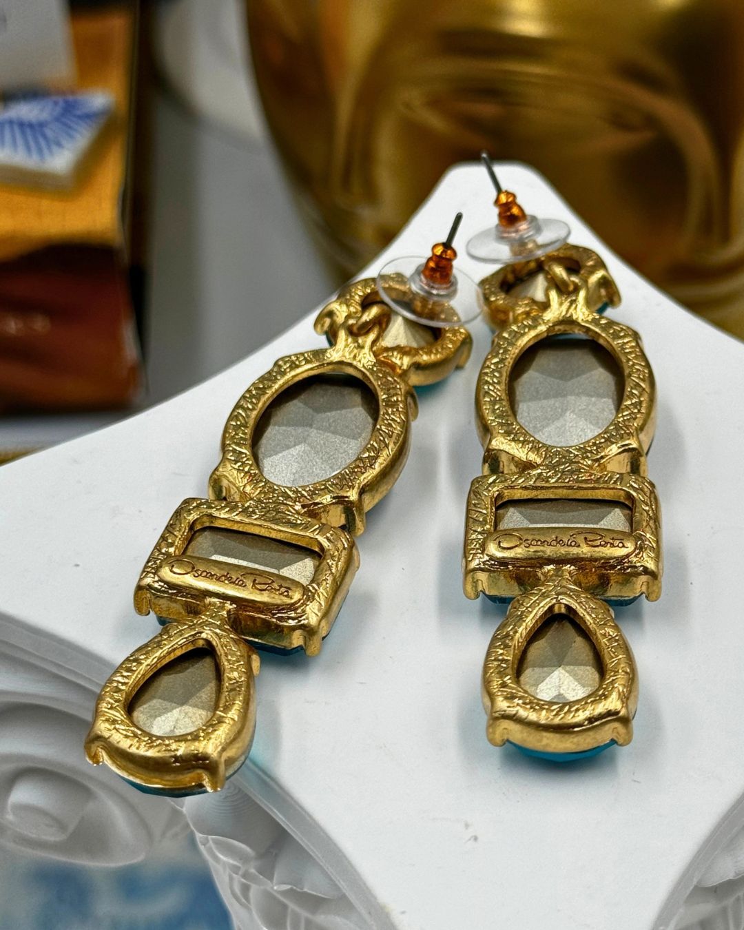Back view of OSCAR DE LA RENTA gold-tone blue crystal drop earrings