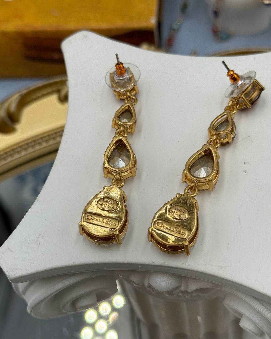 Front view of OSCAR DE LA RENTA Crystal Gallery Pear Drop Earrings