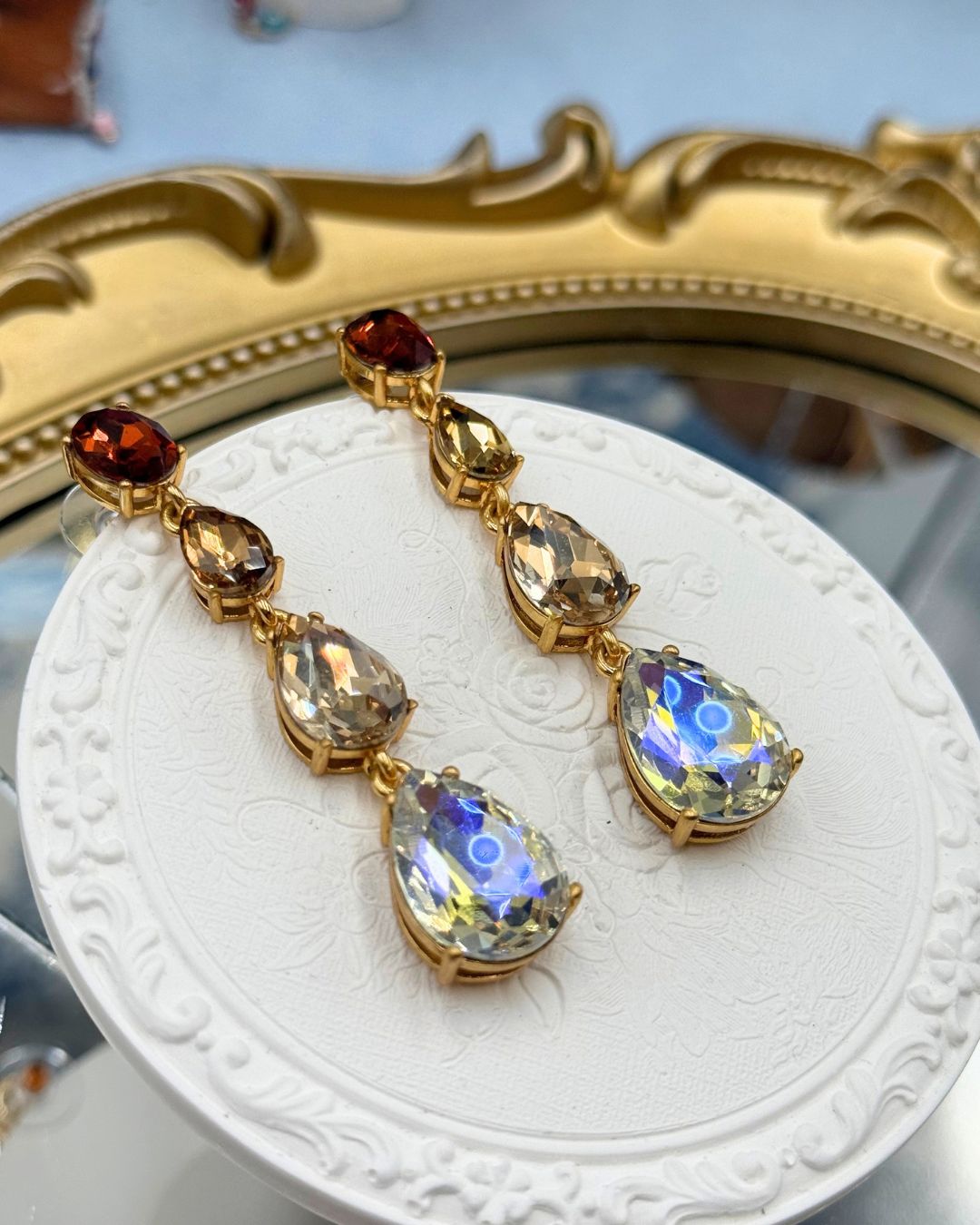 Front view of OSCAR DE LA RENTA Crystal Gallery Pear Drop Earrings