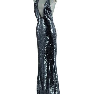 Angled view of MISHA The Plunge Sequin Jersey Dress in Gunmetal