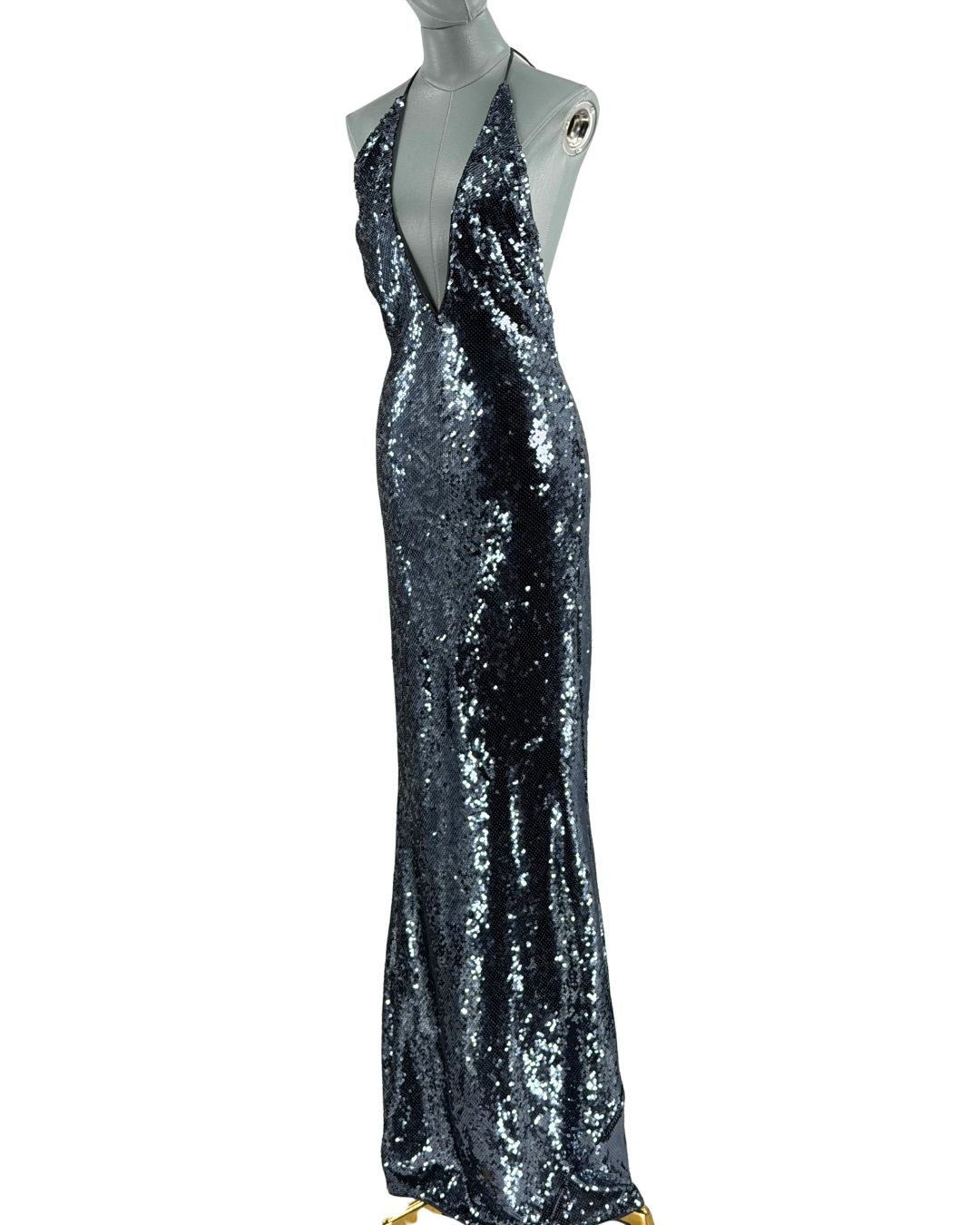 Angled view of MISHA The Plunge Sequin Jersey Dress in Gunmetal