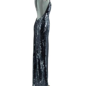 Angled side view of MISHA The Plunge Sequin Jersey Dress in Gunmetal