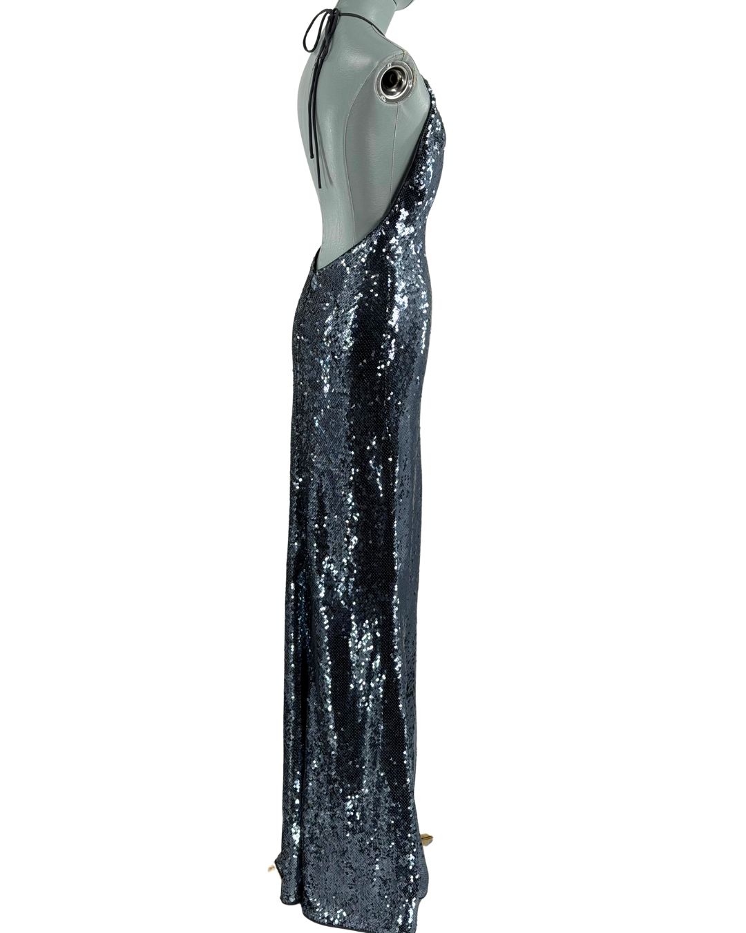 Angled side view of MISHA The Plunge Sequin Jersey Dress in Gunmetal